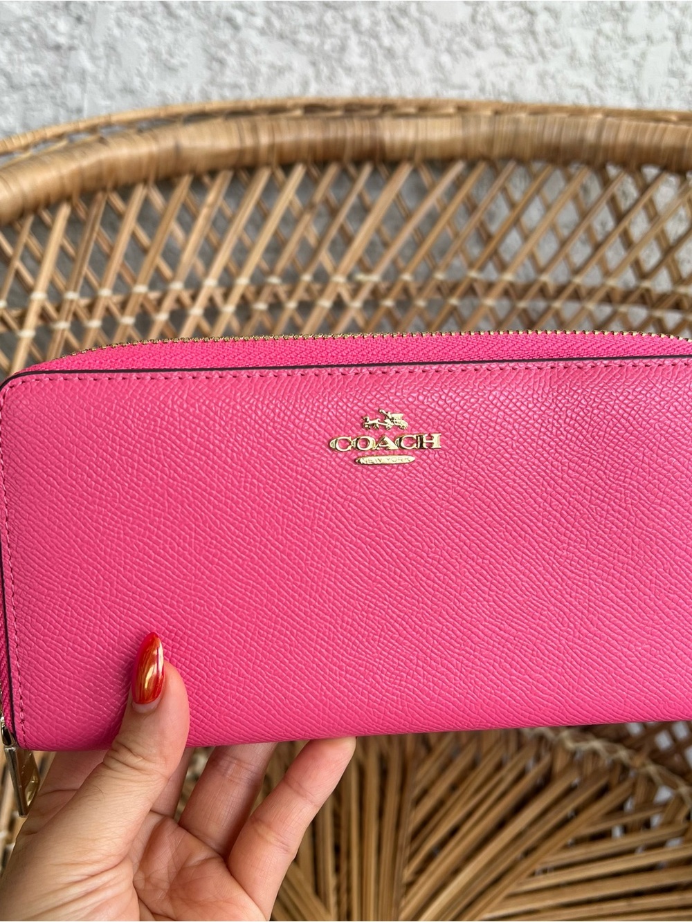 COACH Hot Pink Saffiano Zip-Around Wallet with Gold Logo